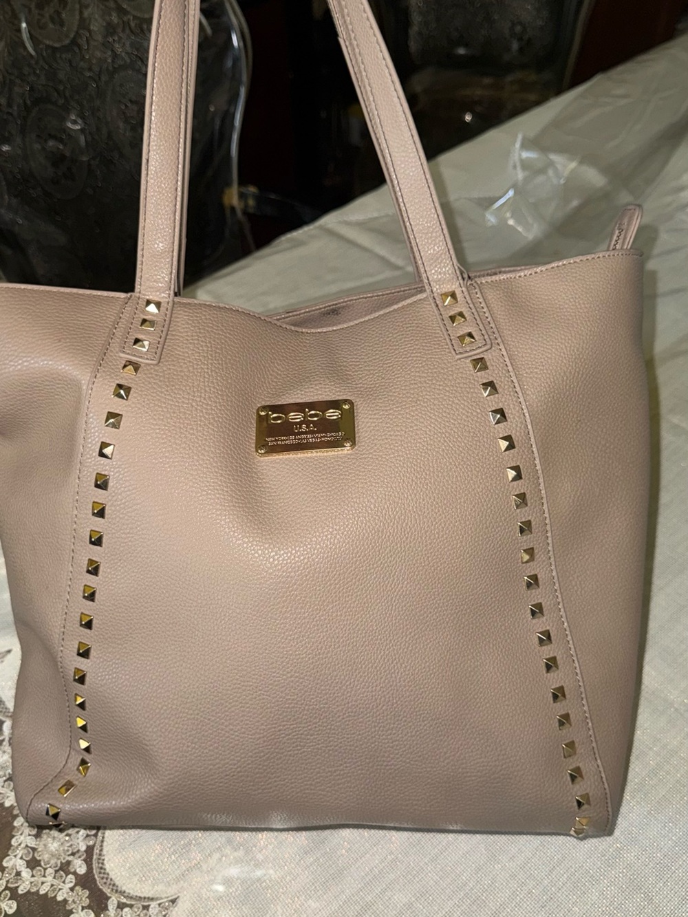 bebe Blush Pink Tote with Gold Stud Accents